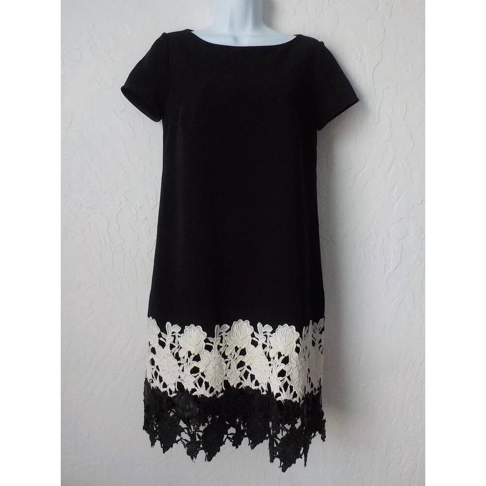Laundry Shelli Segal Black Shift Dress Floran Crochet Embroidery Hem Women 6*